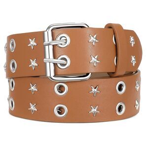 5885 Women Double Grommet Studded Belts, Brown Leather Belt For Men